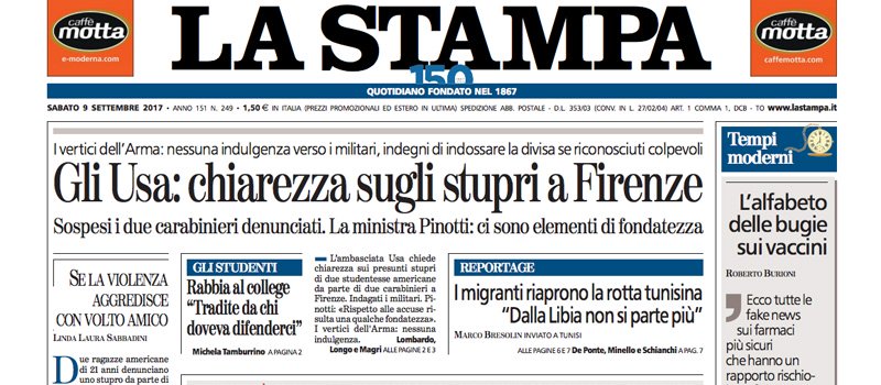 Le prime pagine dei giornali sabato 9 settembre 2017