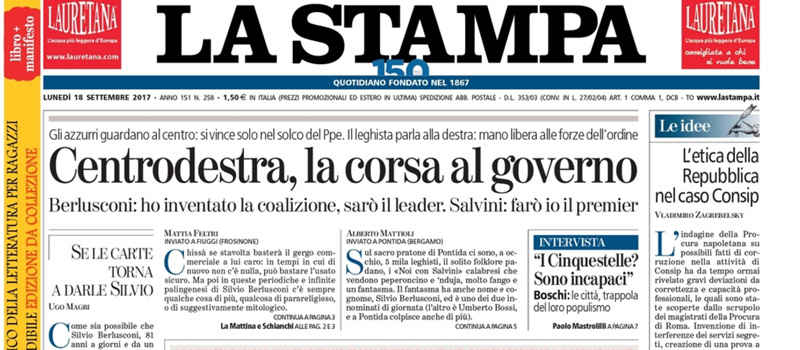 Le prime pagine dei giornali lunedì 18 settembre 2017