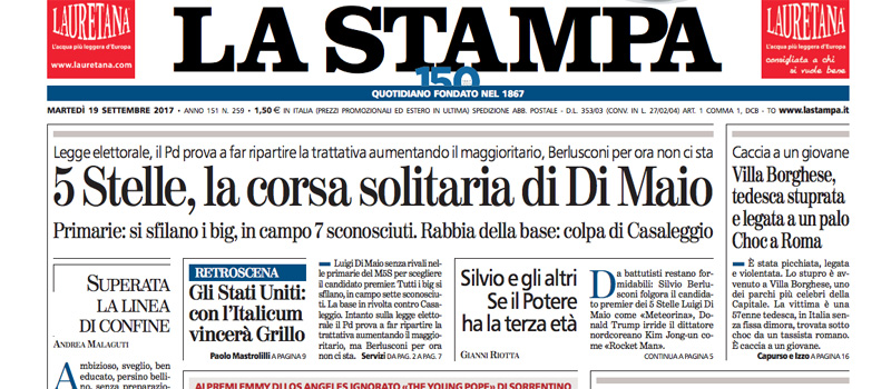 Le prime pagine dei giornali martedì 19 settembre 2017