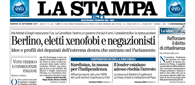 Le prime pagine dei giornali martedì 26 settembre 2017