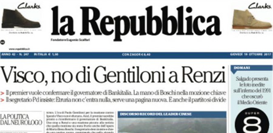 Le prime pagine dei giornali giovedì 19 ottobre 2017
