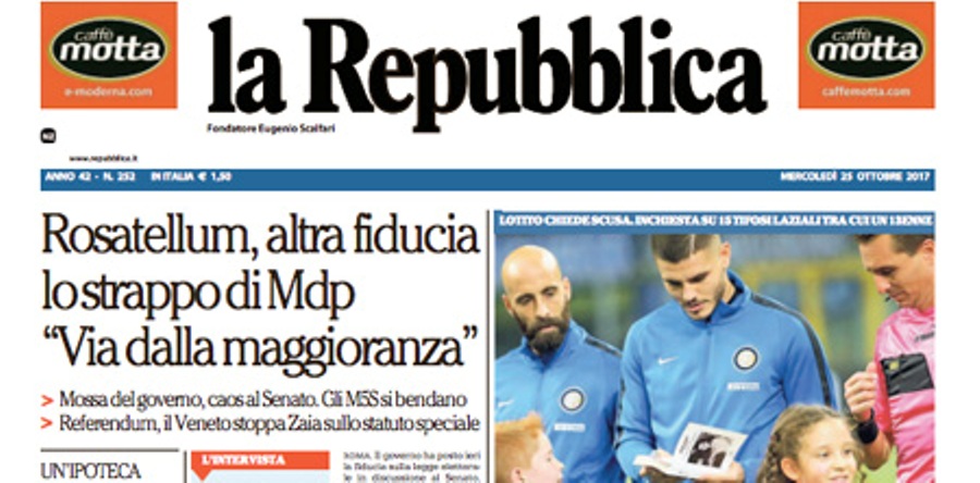 Le prime pagine dei giornali mercoledì 25 ottobre 2017