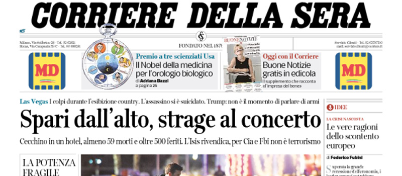 Le prime pagine dei giornali martedì 3 ottobre 2017