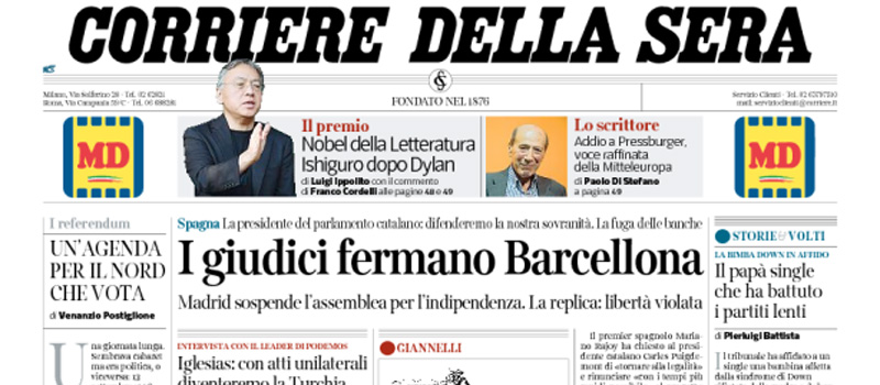 Le prime pagine dei giornali venerdì 6 ottobre 2017