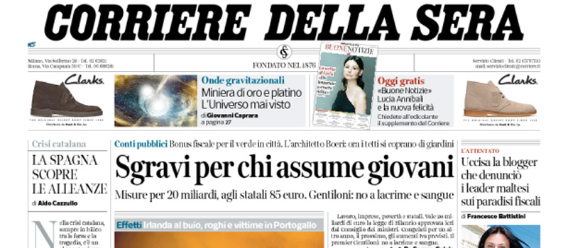Le prime pagine dei giornali martedì 17 ottobre 2017