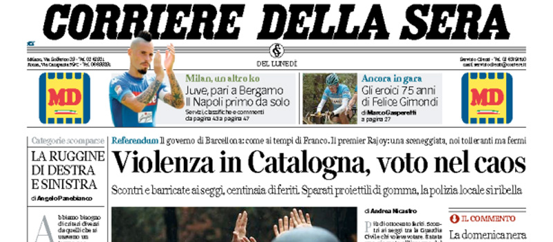 Le prime pagine dei giornali lunedì 2 ottobre 2017