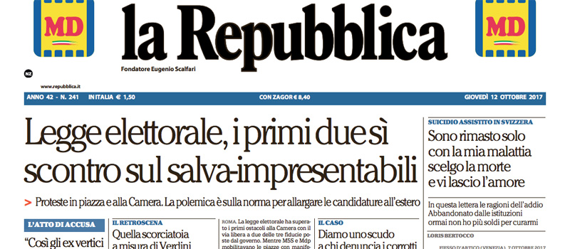 Le prime pagine dei giornali giovedì 12 ottobre 2017