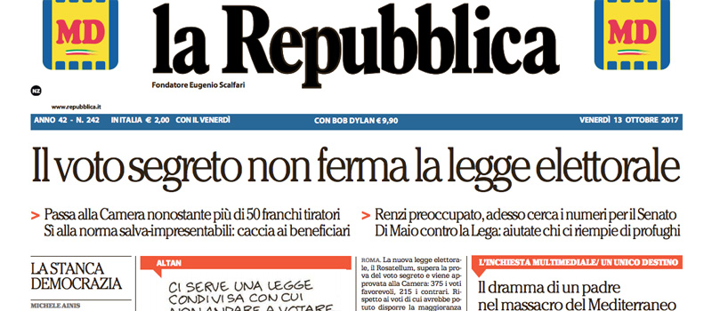 Le prime pagine dei giornali venerdì 13 ottobre 2017
