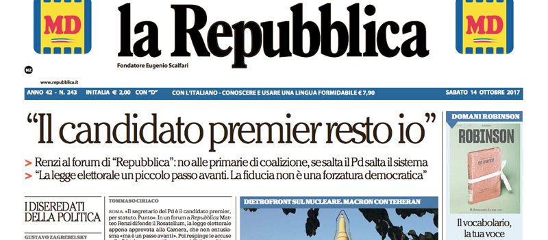 Le prime pagine dei giornali sabato 14 ottobre 2017