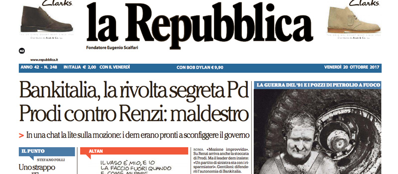 Le prime pagine dei giornali venerdì 20 ottobre 2017