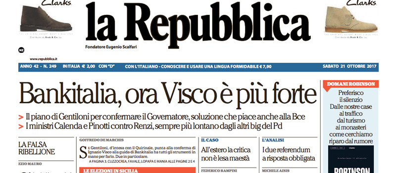 Le prime pagine dei giornali sabato 21 ottobre 2017