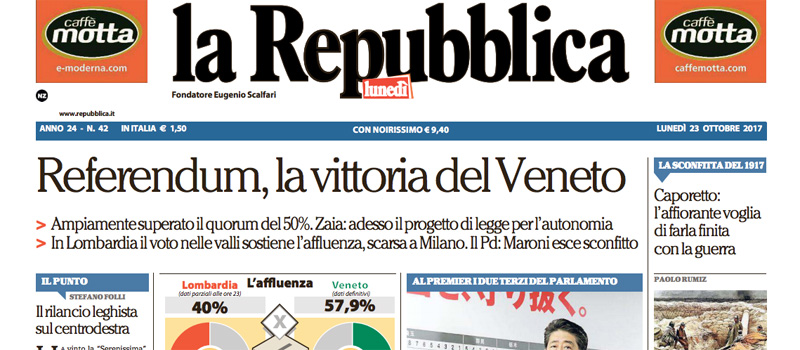Le prime pagine dei giornali lunedì 23 ottobre 2017