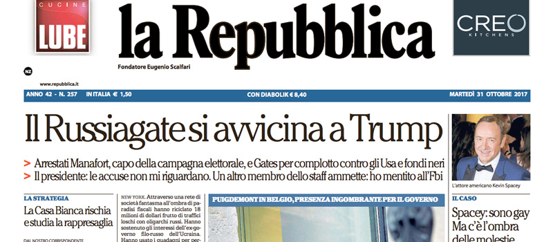 Le prime pagine dei giornali martedì 31 ottobre 2017