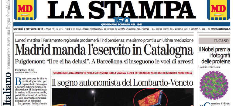 Le prime pagine dei giornali giovedì 5 ottobre 2017