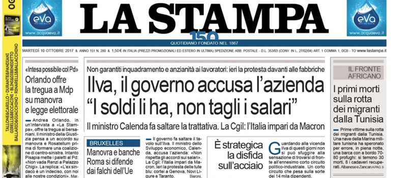 Le prime pagine dei giornali martedì 10 ottobre 2017