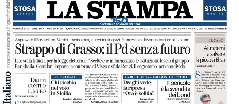 Le prime pagine dei giornali venerdì 27 ottobre 2017