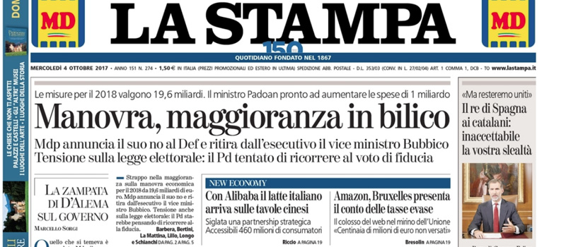 Le prime pagine dei giornali mercoledì 4 ottobre 2017