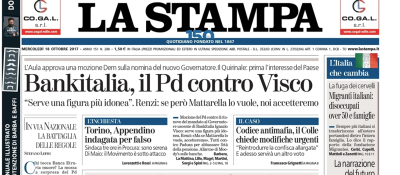 Le prime pagine dei giornali mercoledì 18 ottobre 2017