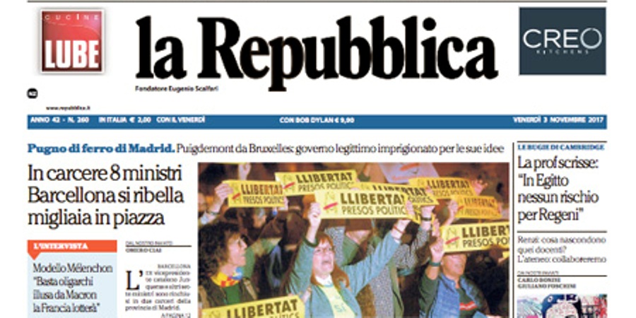 Le prime pagine dei giornali venerdì 3 novembre 2017