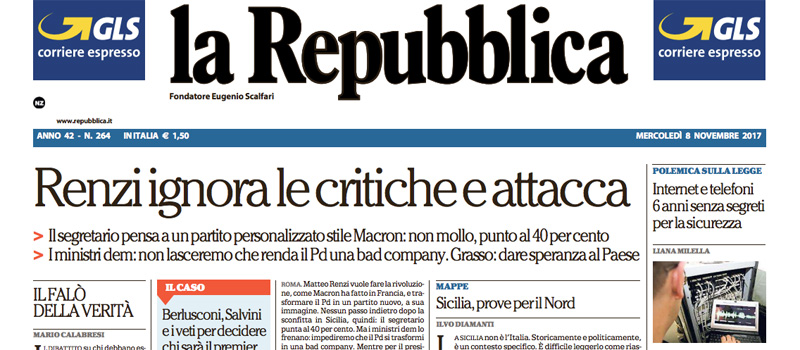 Le prime pagine dei giornali mercoledì 8 novembre 2017