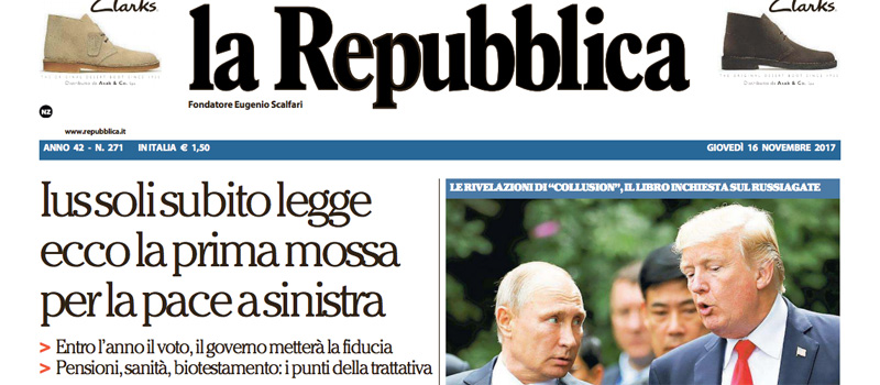 Le prime pagine dei giornali giovedì 16 novembre 2017
