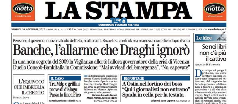 Le prime pagine dei giornali venerdì 10 novembre 2017