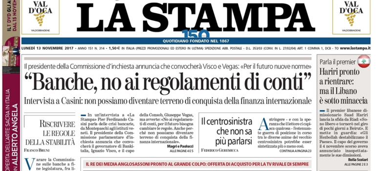 Le prime pagine dei giornali lunedì 13 novembre 2017