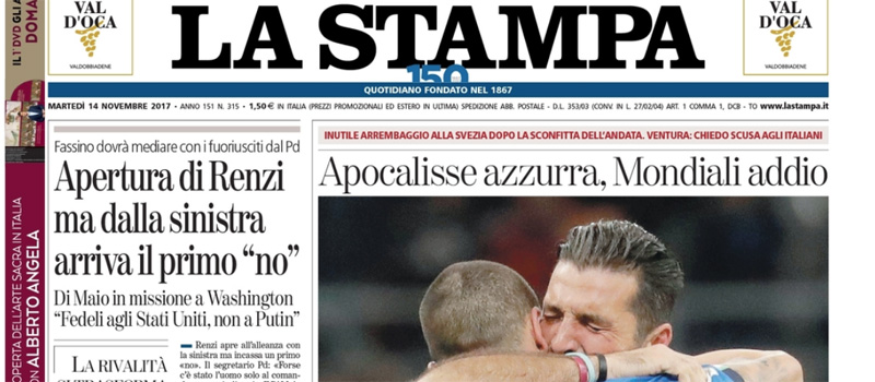 Le prime pagine dei giornali martedì 14 novembre 2017