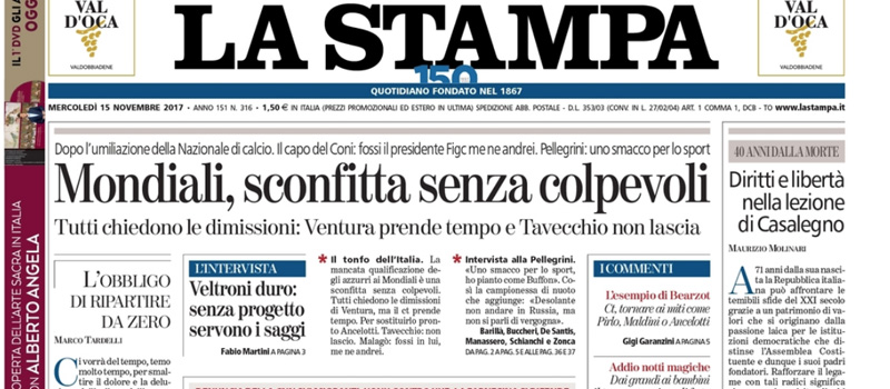 Le prime pagine dei giornali mercoledì 15 novembre 2017