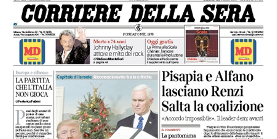 Le prime pagine dei giornali giovedì 7 dicembre 2017