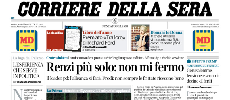 Le prime pagine dei giornali venerdì 8 dicembre 2017