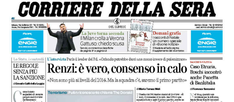 Le prime pagine dei giornali lunedì 18 dicembre 2017