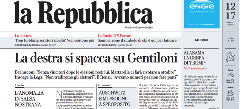 Le prime pagine dei giornali giovedì 14 dicembre 2017