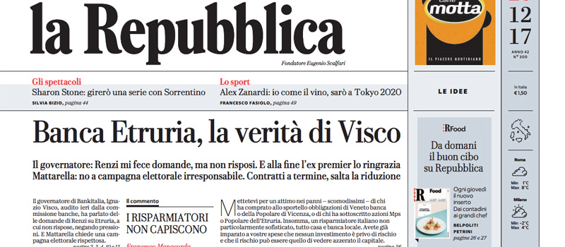 Le prime pagine dei giornali mercoledì 20 dicembre 2017