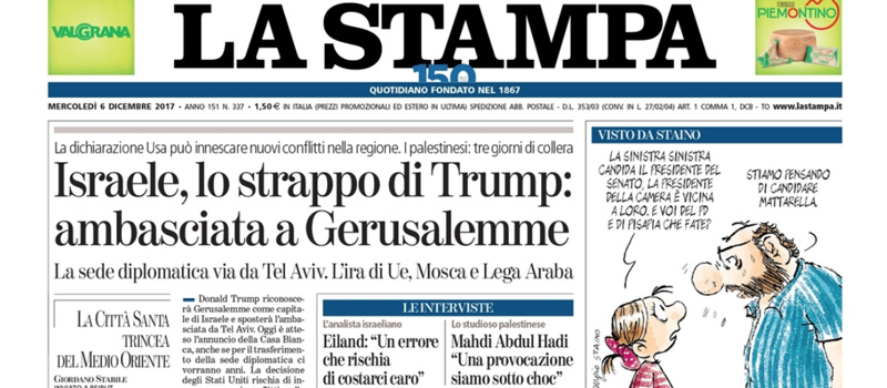 Le prime pagine dei giornali mercoledì 6 dicembre 2017