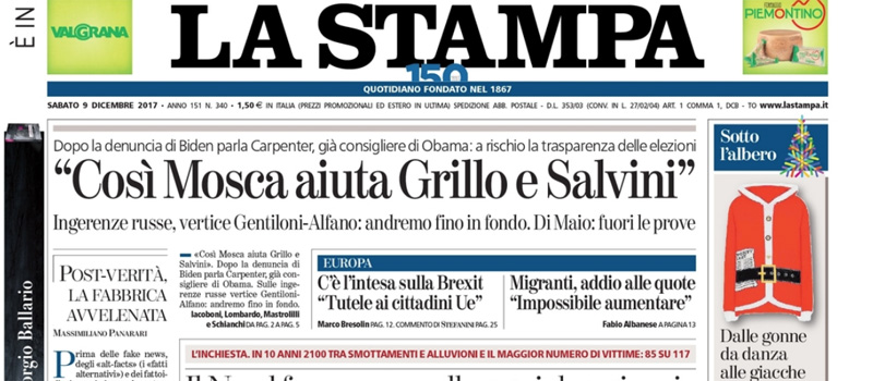 Le prime pagine dei giornali sabato 9 dicembre 2017