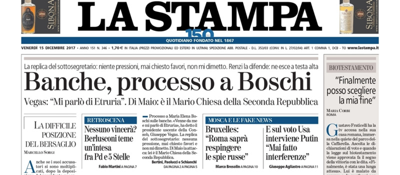 Le prime pagine dei giornali venerdì 15 dicembre 2017