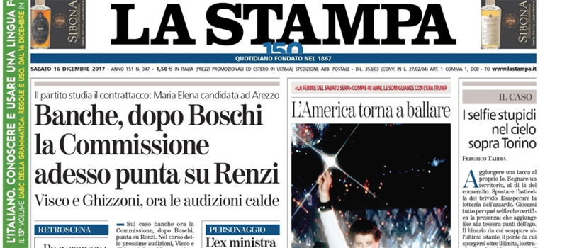 Le prime pagine dei giornali sabato 16 dicembre 2017