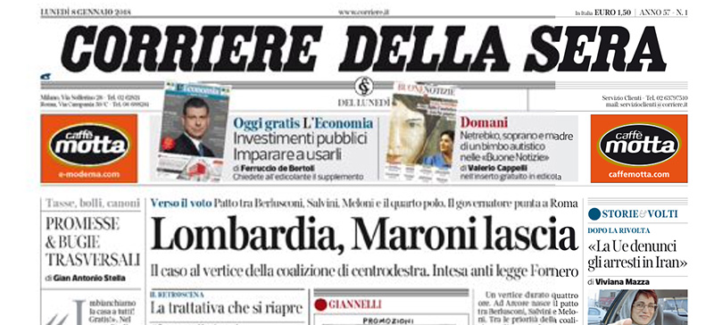 Le prime pagine dei giornali lunedì 8 gennaio 2018