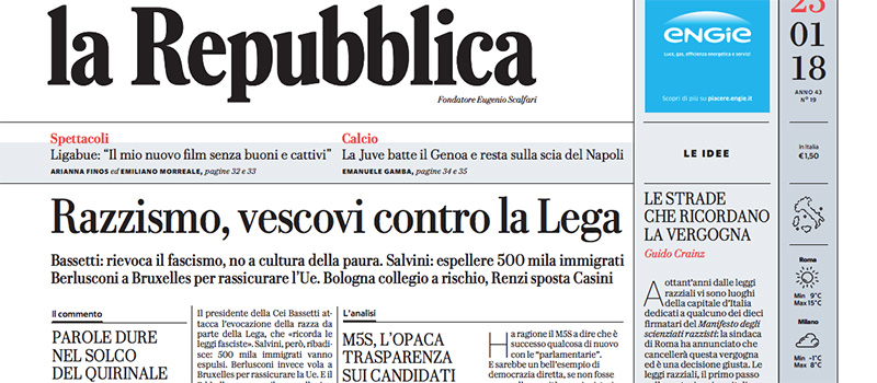 Le prime pagine dei giornali martedì 23 gennaio 2018