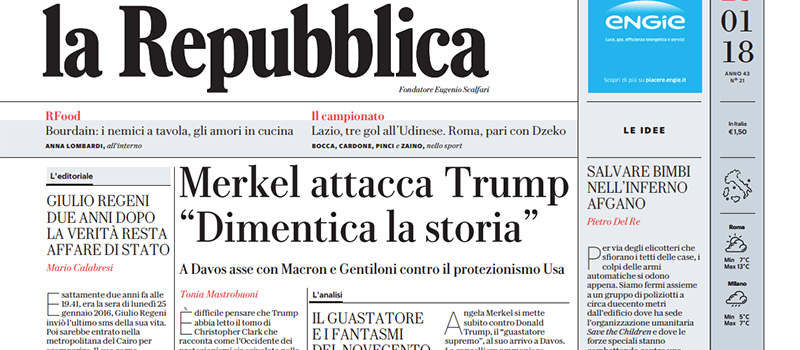 Le prime pagine dei giornali giovedì 25 gennaio 2018