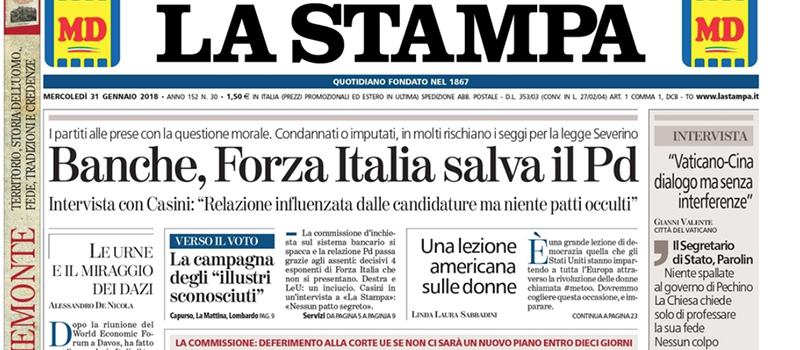 Le prime pagine dei giornali mercoledì 31 gennaio 2018