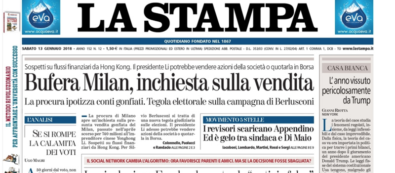 Le prime pagine dei giornali sabato 13 gennaio 2018
