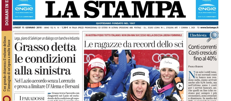 Le prime pagine dei giornali lunedì 15 gennaio 2018