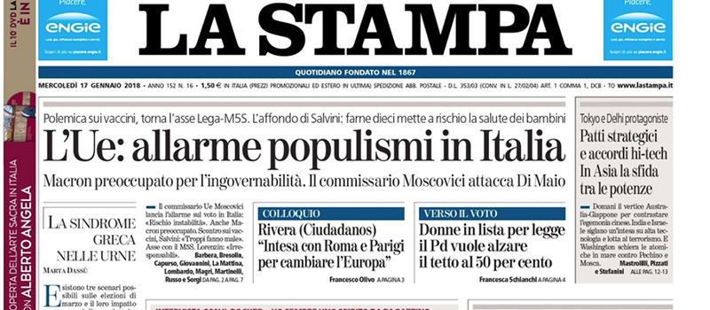 Le prime pagine dei giornali mercoledì 17 gennaio 2018