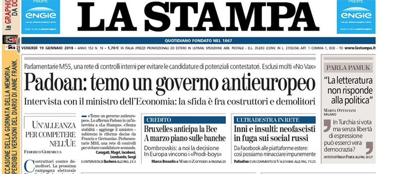 Le prime pagine dei giornali venerdì 19 gennaio 2018