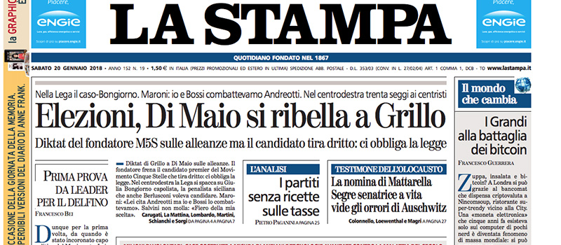 Le prime pagine dei giornali sabato 20 gennaio 2018