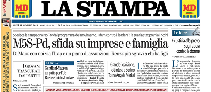 Le prime pagine dei giornali lunedì 22 gennaio 2018