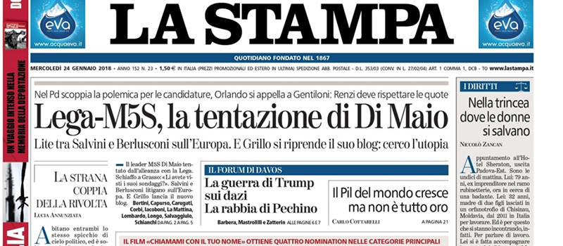 Le prime pagine dei giornali mercoledì 24 gennaio 2018