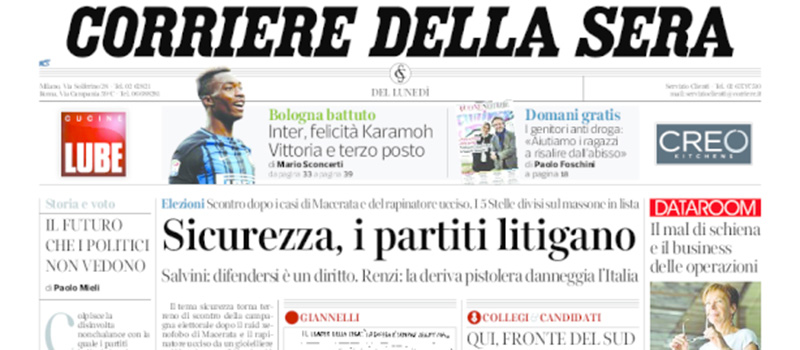 Le prime pagine dei giornali lunedì 12 febbraio 2018
